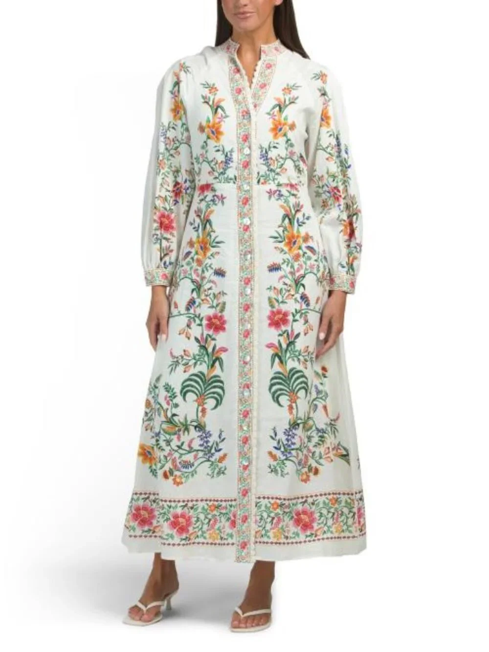 MAGASCHONI Linen Blend V-neck Button Front Dress With Print Details - Picture 1 of 6